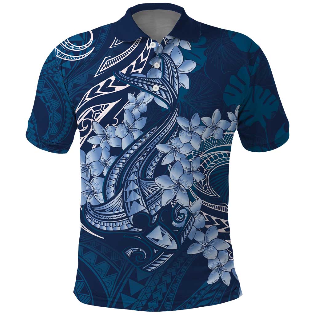 Navy Blue Polynesia Hammerhead Shark Tattoo With Plumeria Lei Polo Shirt