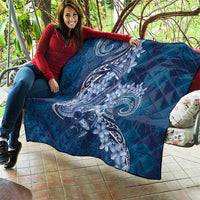 Navy Blue Polynesia Hammerhead Shark Tattoo With Plumeria Lei Quilt