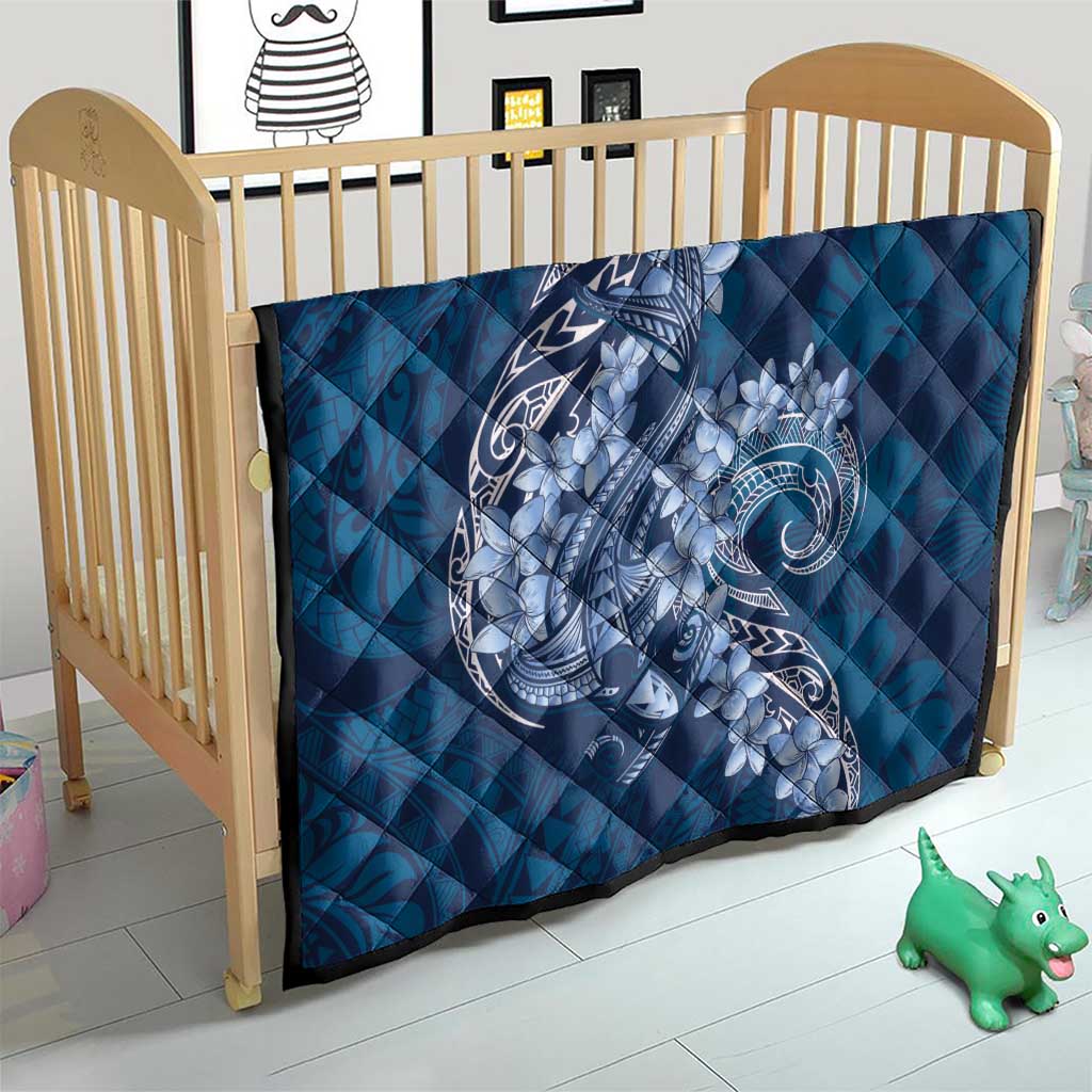 Navy Blue Polynesia Hammerhead Shark Tattoo With Plumeria Lei Quilt