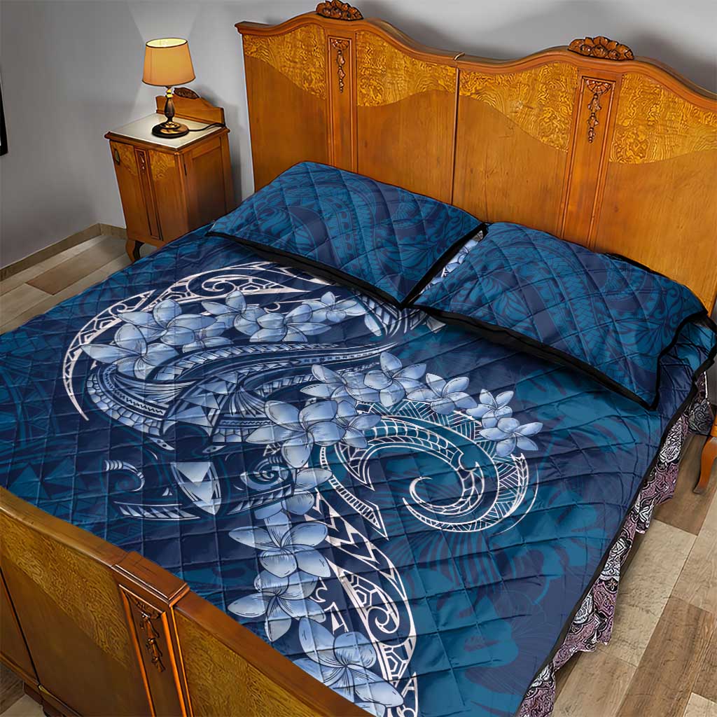 Navy Blue Polynesia Hammerhead Shark Tattoo With Plumeria Lei Quilt Bed Set LT14 - Polynesian Pride
