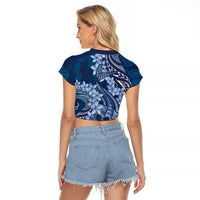 Navy Blue Polynesia Hammerhead Shark Tattoo With Plumeria Lei Raglan Cropped T Shirt