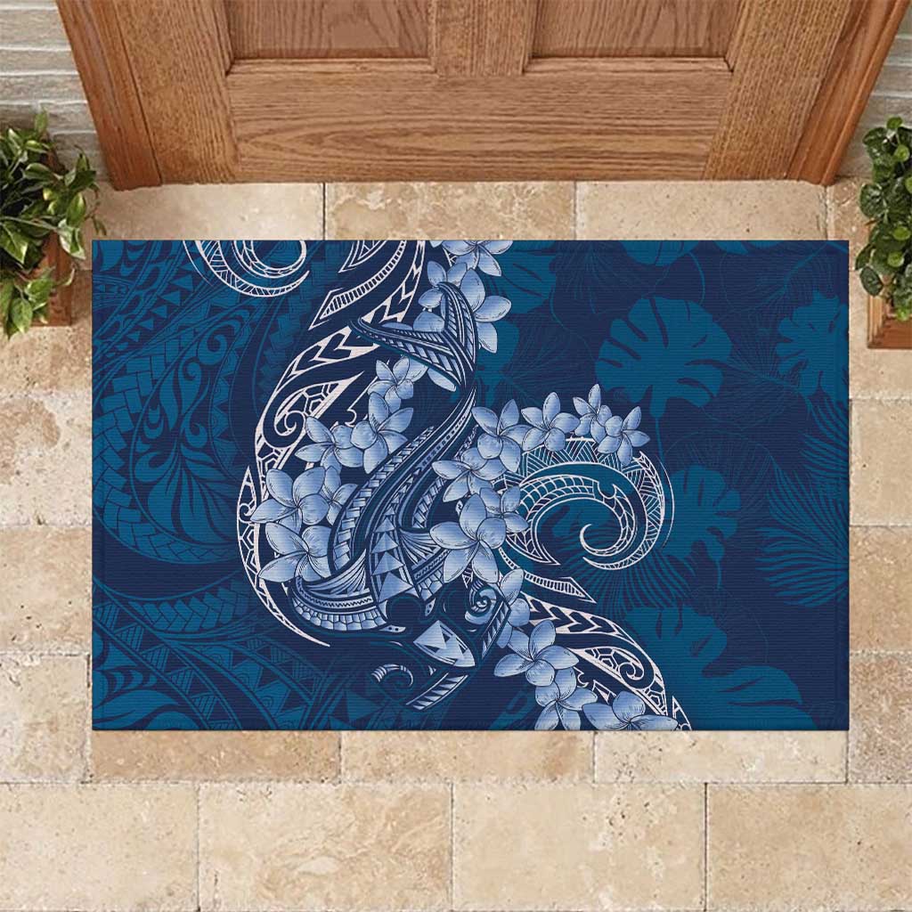 Navy Blue Polynesia Hammerhead Shark Tattoo With Plumeria Lei Rubber Doormat LT14 Navy Blue - Polynesian Pride