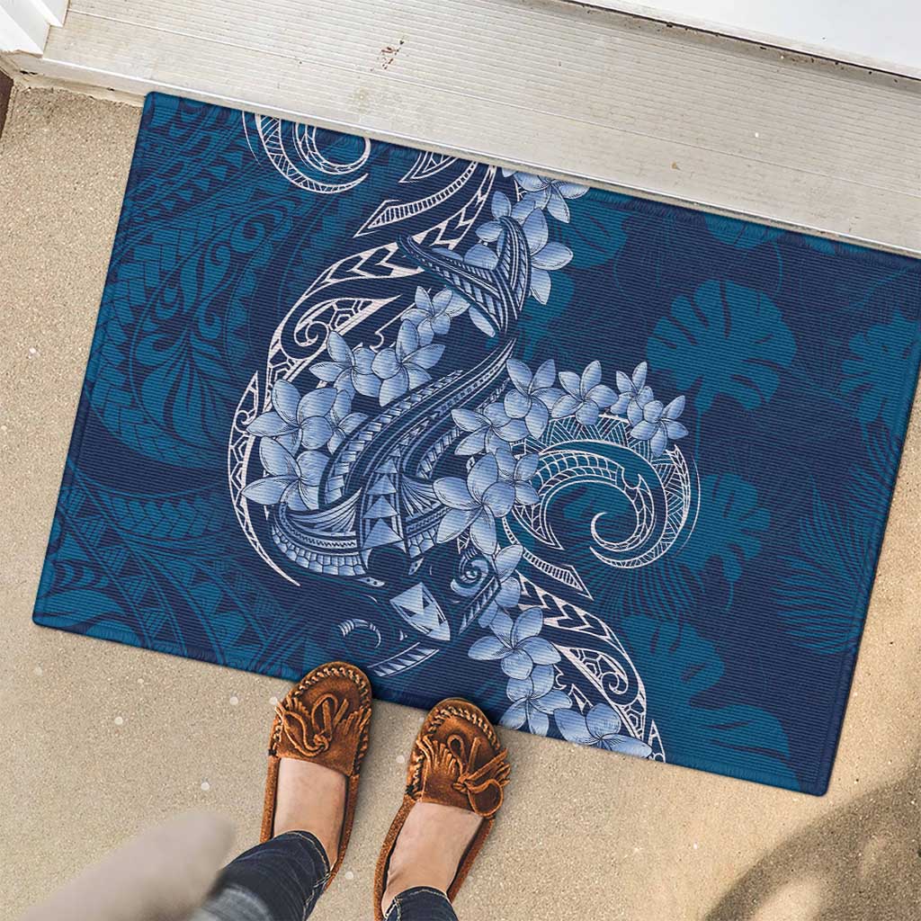 Navy Blue Polynesia Hammerhead Shark Tattoo With Plumeria Lei Rubber Doormat LT14 - Polynesian Pride