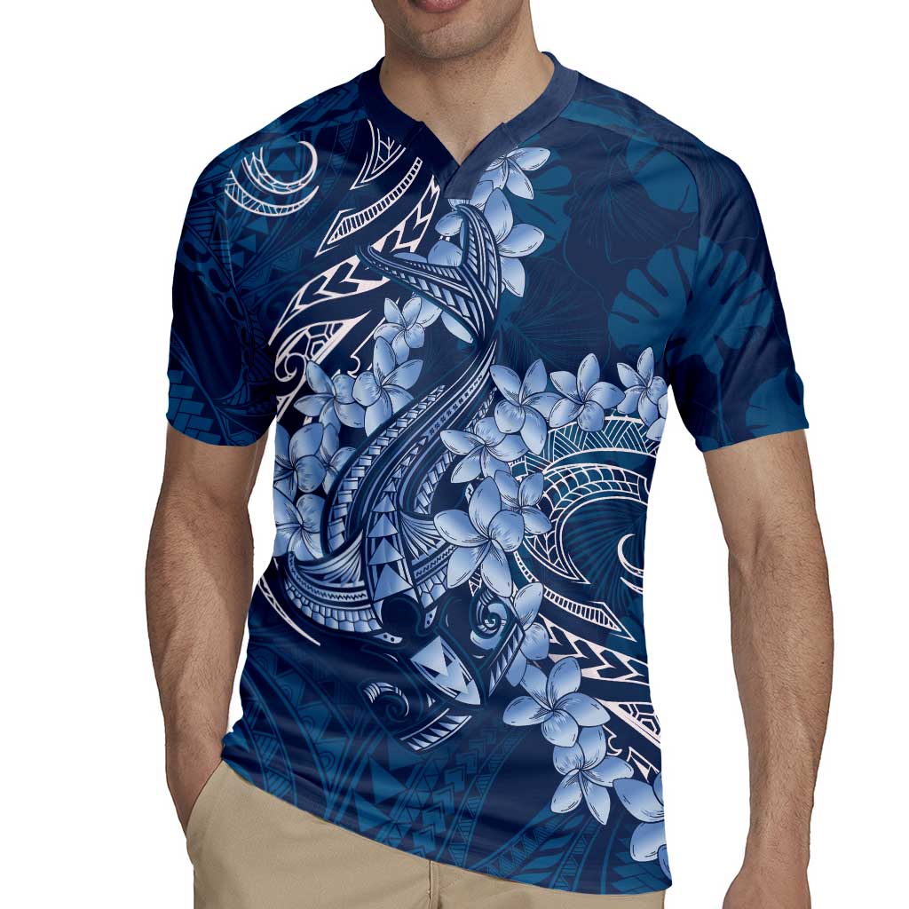 Navy Blue Polynesia Hammerhead Shark Tattoo With Plumeria Lei Rugby Jersey