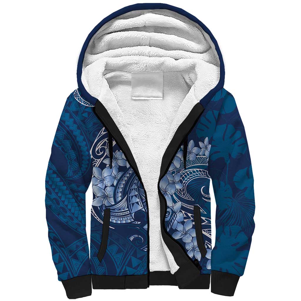 Navy Blue Polynesia Hammerhead Shark Tattoo With Plumeria Lei Sherpa Hoodie LT14 Unisex Navy Blue - Polynesian Pride