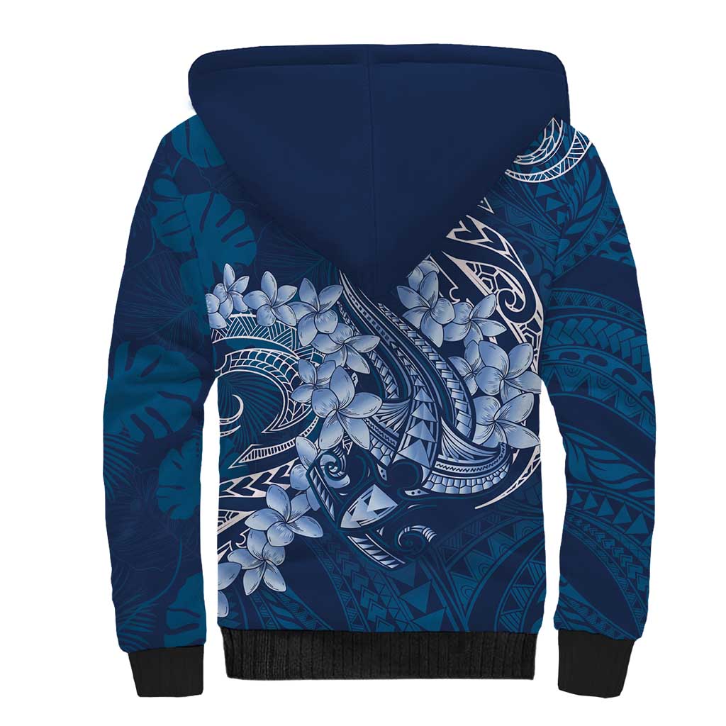 Navy Blue Polynesia Hammerhead Shark Tattoo With Plumeria Lei Sherpa Hoodie LT14 - Polynesian Pride