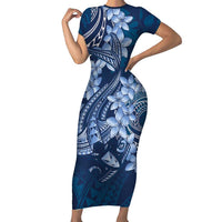 Navy Blue Polynesia Hammerhead Shark Tattoo With Plumeria Lei Short Sleeve Bodycon Dress