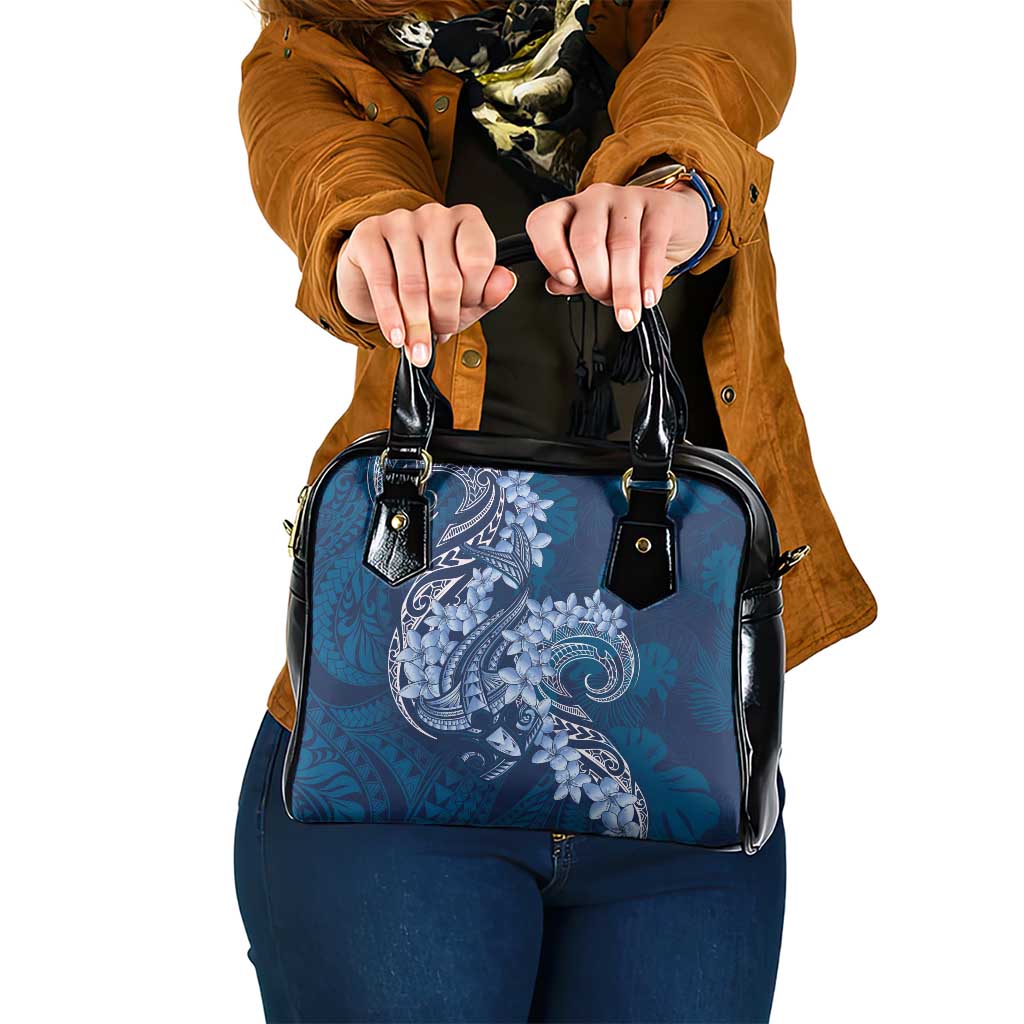 Navy Blue Polynesia Hammerhead Shark Tattoo With Plumeria Lei Shoulder Handbag