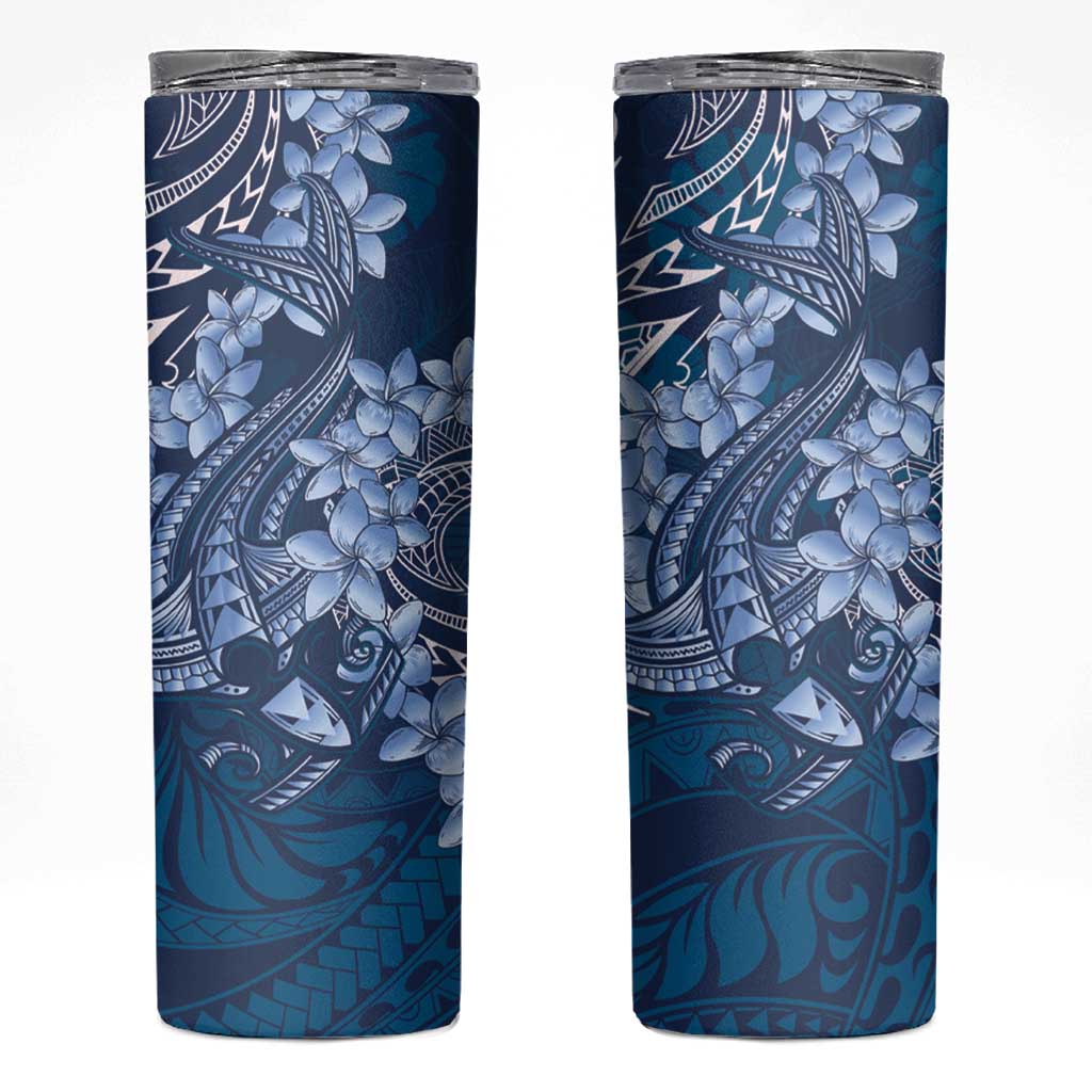 Navy Blue Polynesia Hammerhead Shark Tattoo With Plumeria Lei Skinny Tumbler