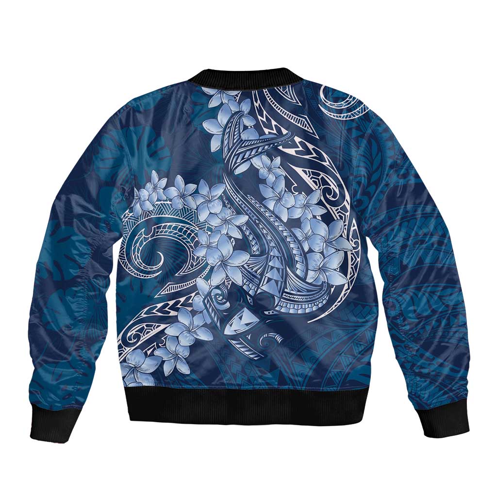 Navy Blue Polynesia Hammerhead Shark Tattoo With Plumeria Lei Sleeve Zip Bomber Jacket
