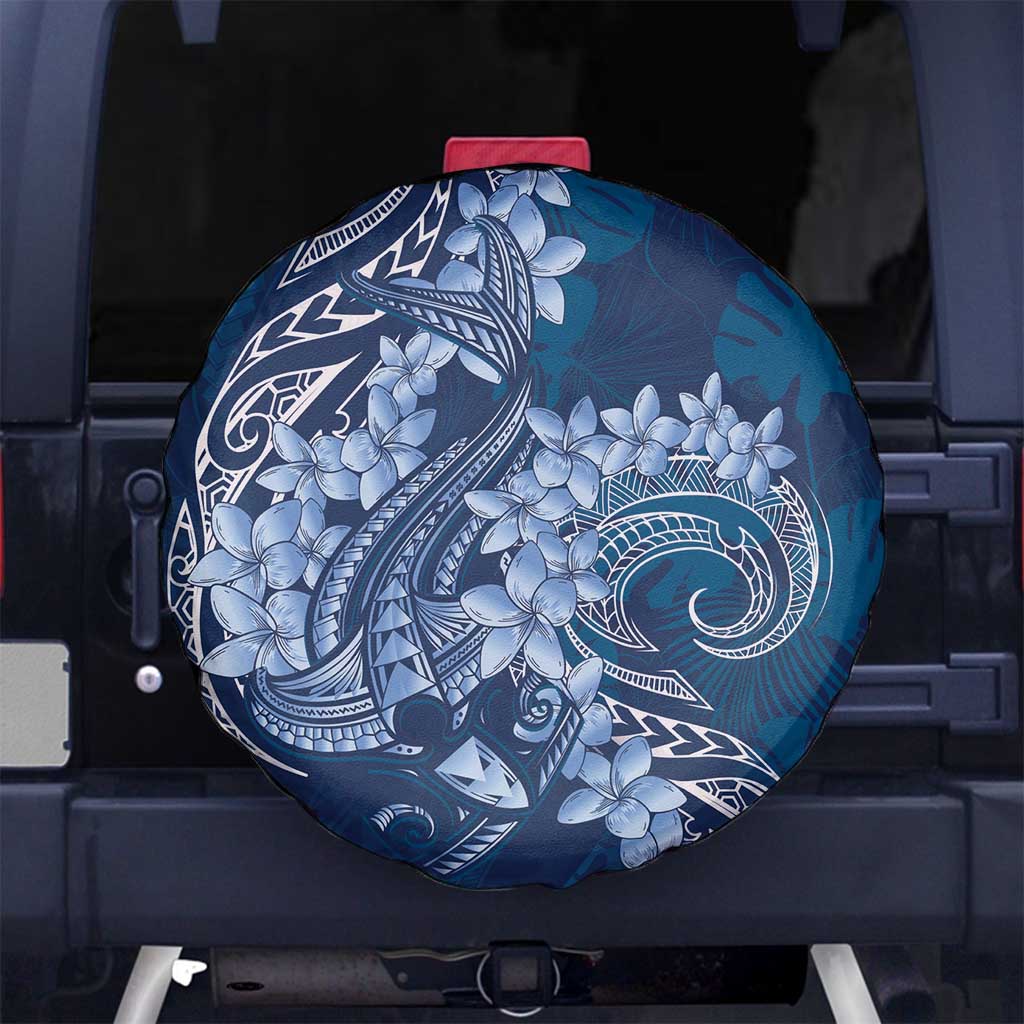 Navy Blue Polynesia Hammerhead Shark Tattoo With Plumeria Lei Spare Tire Cover LT14 No hole Navy Blue - Polynesian Pride