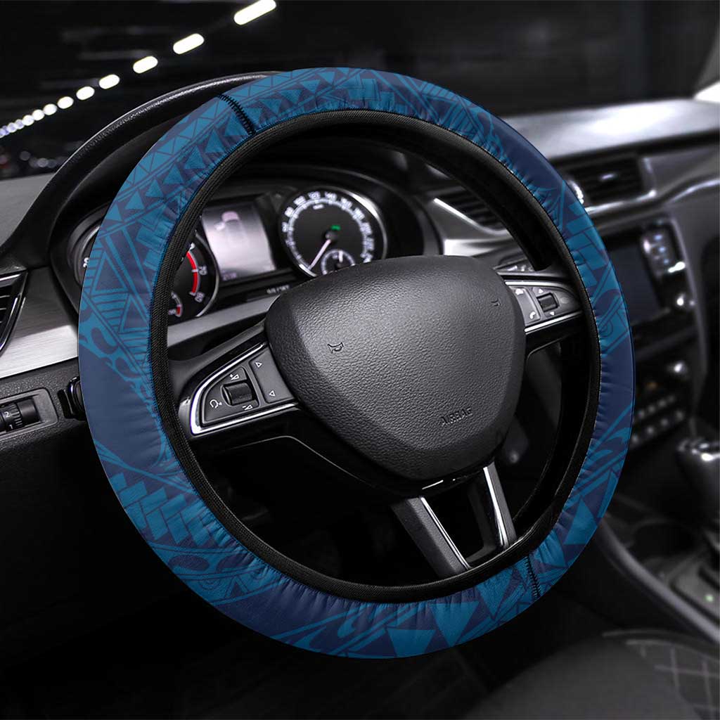 Navy Blue Polynesia Hammerhead Shark Tattoo With Plumeria Lei Steering Wheel Cover LT14 Universal Fit Navy Blue - Polynesian Pride