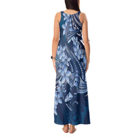 Navy Blue Polynesia Hammerhead Shark Tattoo With Plumeria Lei Tank Maxi Dress