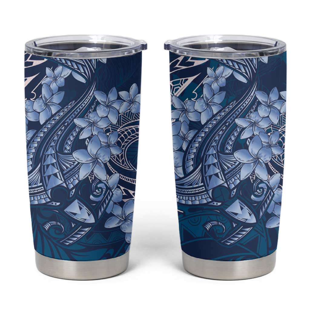 Navy Blue Polynesia Hammerhead Shark Tattoo With Plumeria Lei Tumbler Cup