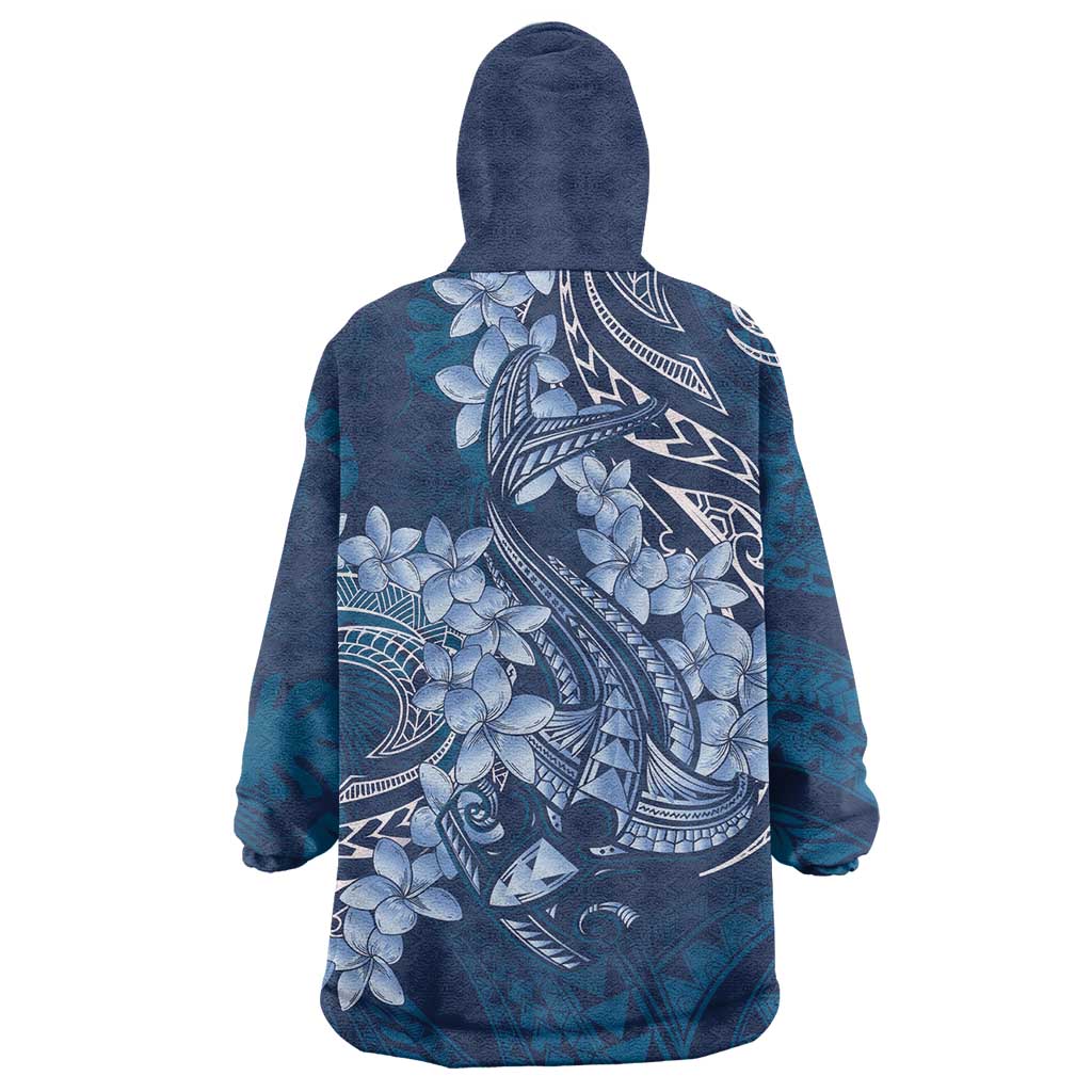 Navy Blue Polynesia Hammerhead Shark Tattoo With Plumeria Lei Wearable Blanket Hoodie LT14 - Polynesian Pride