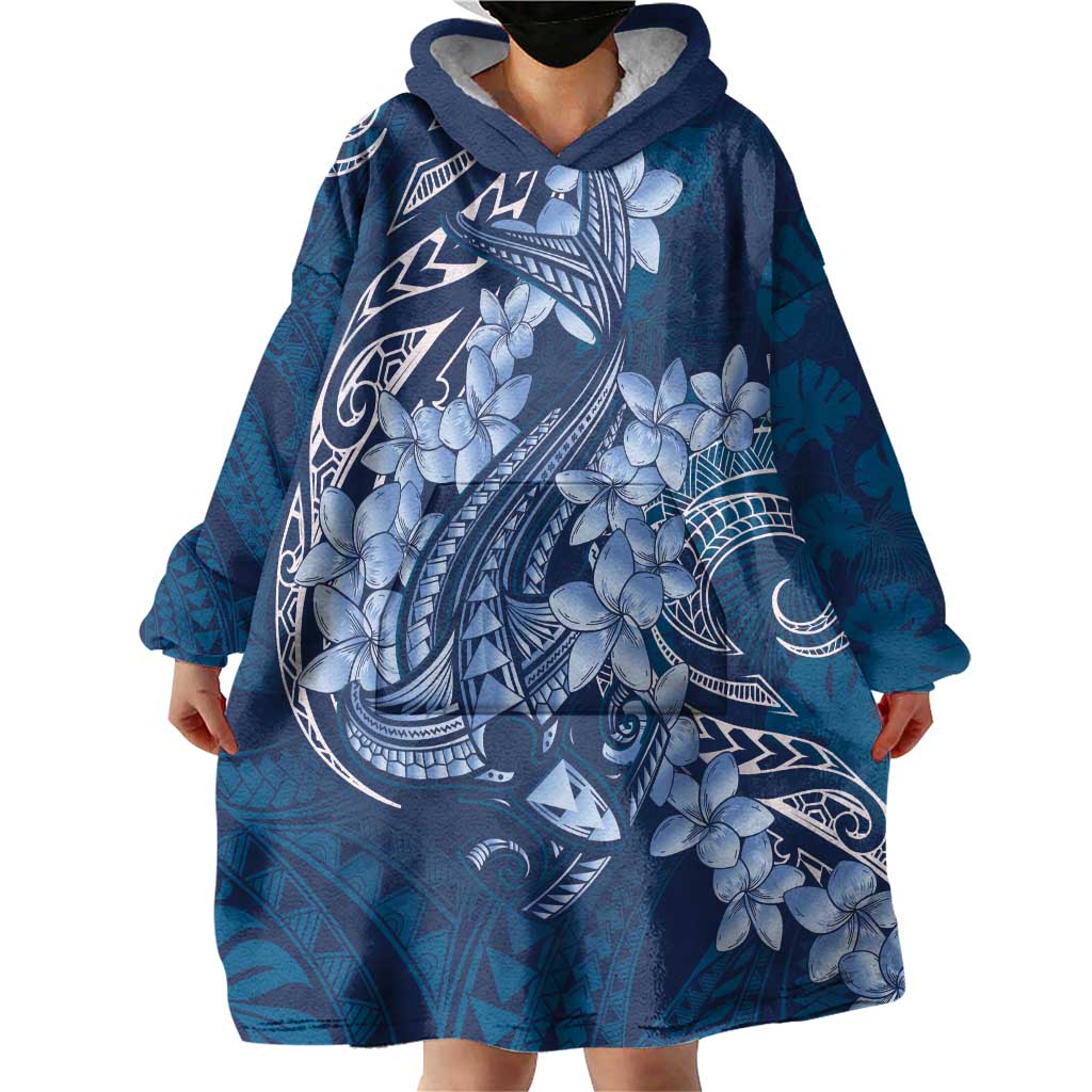 Navy Blue Polynesia Hammerhead Shark Tattoo With Plumeria Lei Wearable Blanket Hoodie LT14 - Polynesian Pride