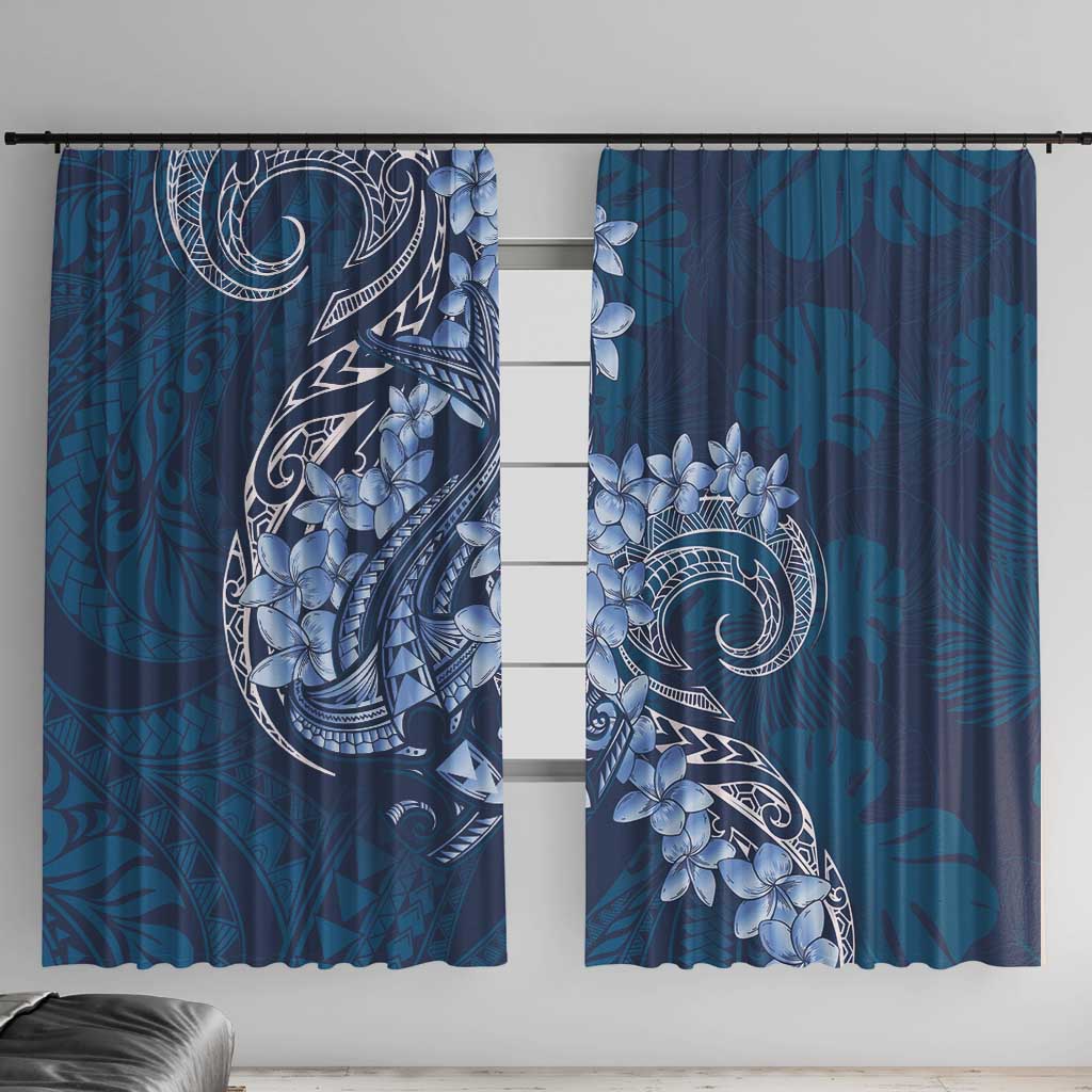 Navy Blue Polynesia Hammerhead Shark Tattoo With Plumeria Lei Window Curtain LT14 With Hooks Navy Blue - Polynesian Pride