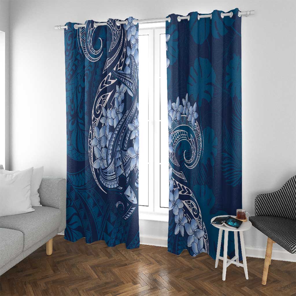 Navy Blue Polynesia Hammerhead Shark Tattoo With Plumeria Lei Window Curtain LT14 With Grommets Navy Blue - Polynesian Pride