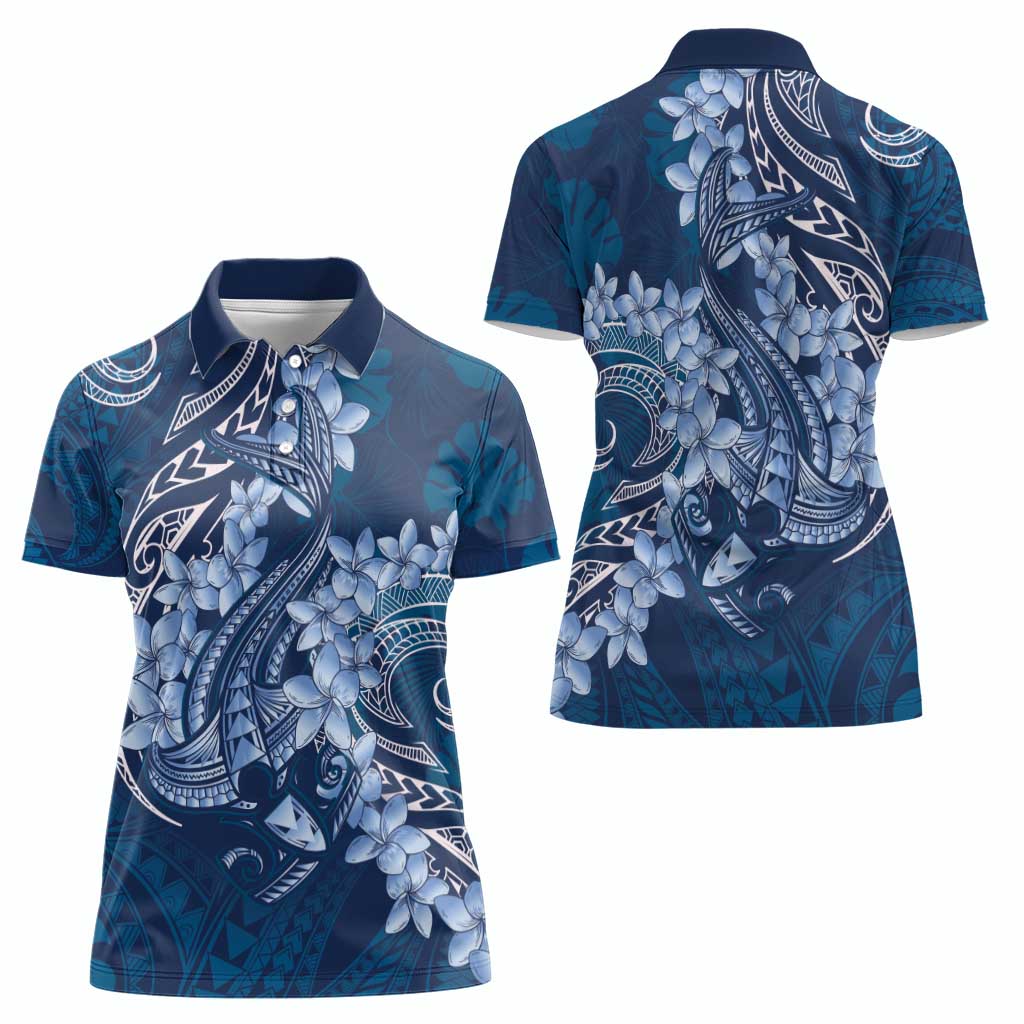 Navy Blue Polynesia Hammerhead Shark Tattoo With Plumeria Lei Women Polo Shirt