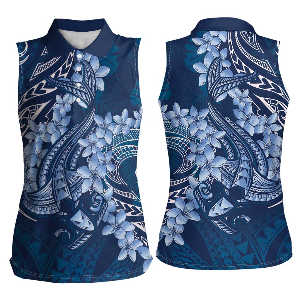 Navy Blue Polynesia Hammerhead Shark Tattoo With Plumeria Lei Women Sleeveless Polo Shirt