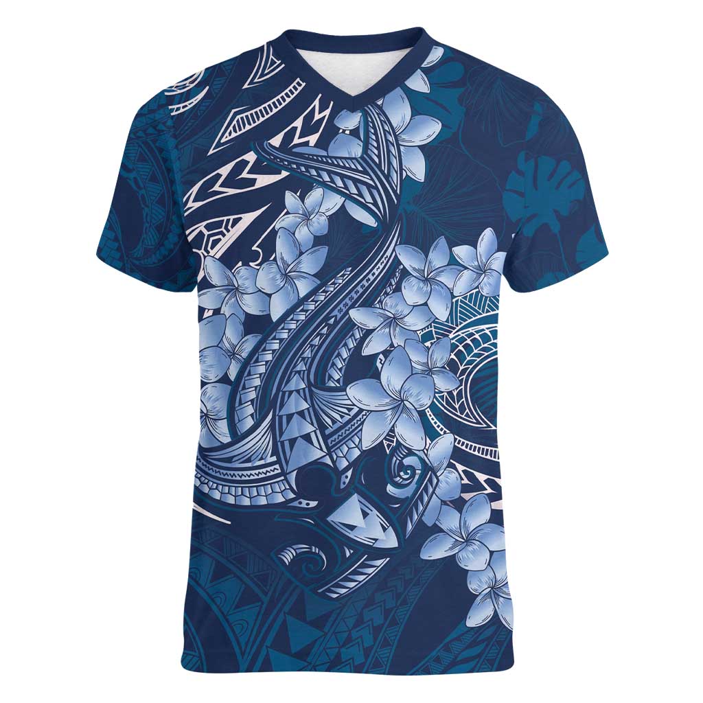 Navy Blue Polynesia Hammerhead Shark Tattoo With Plumeria Lei Women V-Neck T-Shirt