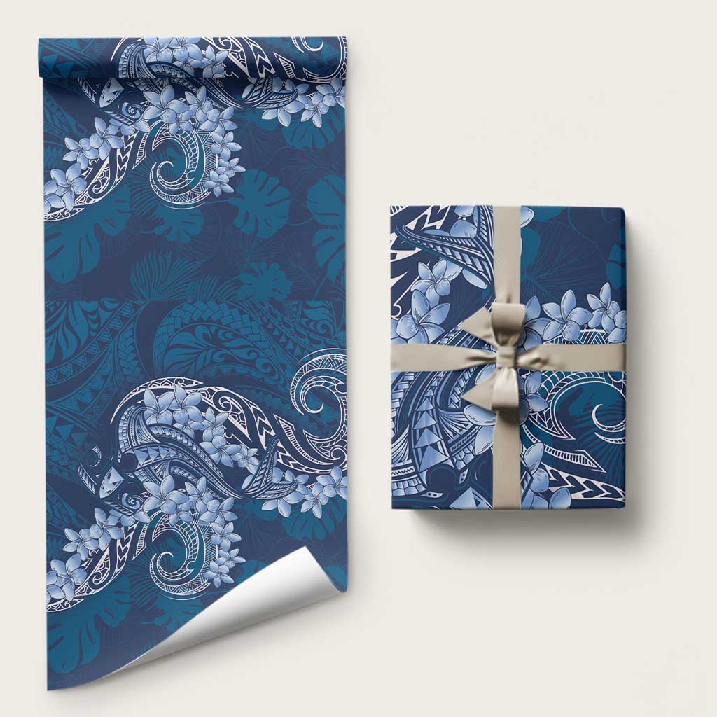 Navy Blue Polynesia Hammerhead Shark Tattoo With Plumeria Lei Wrapping Paper LT14 58" × 23" Navy Blue - Polynesian Pride