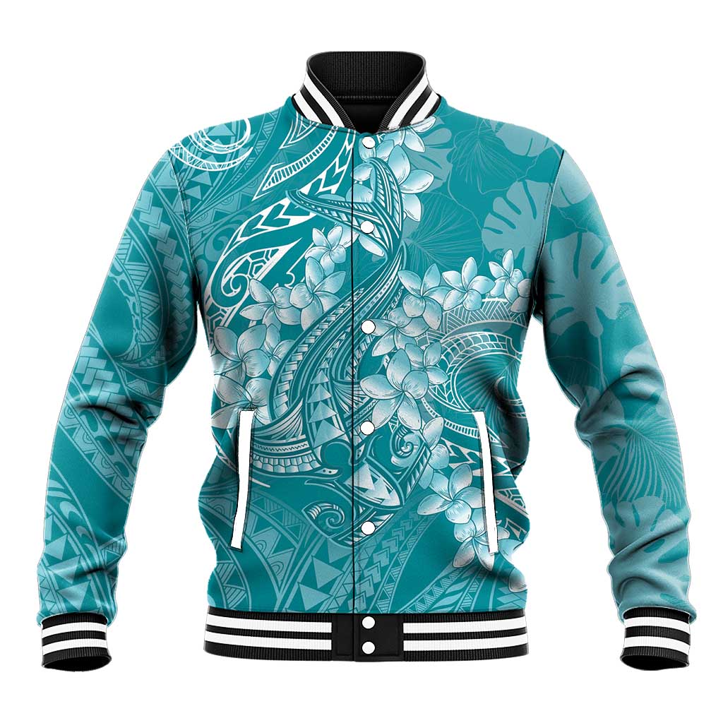 Teal Polynesia Hammerhead Shark Tattoo With Plumeria Lei Baseball Jacket LT14 Unisex Teal - Polynesian Pride