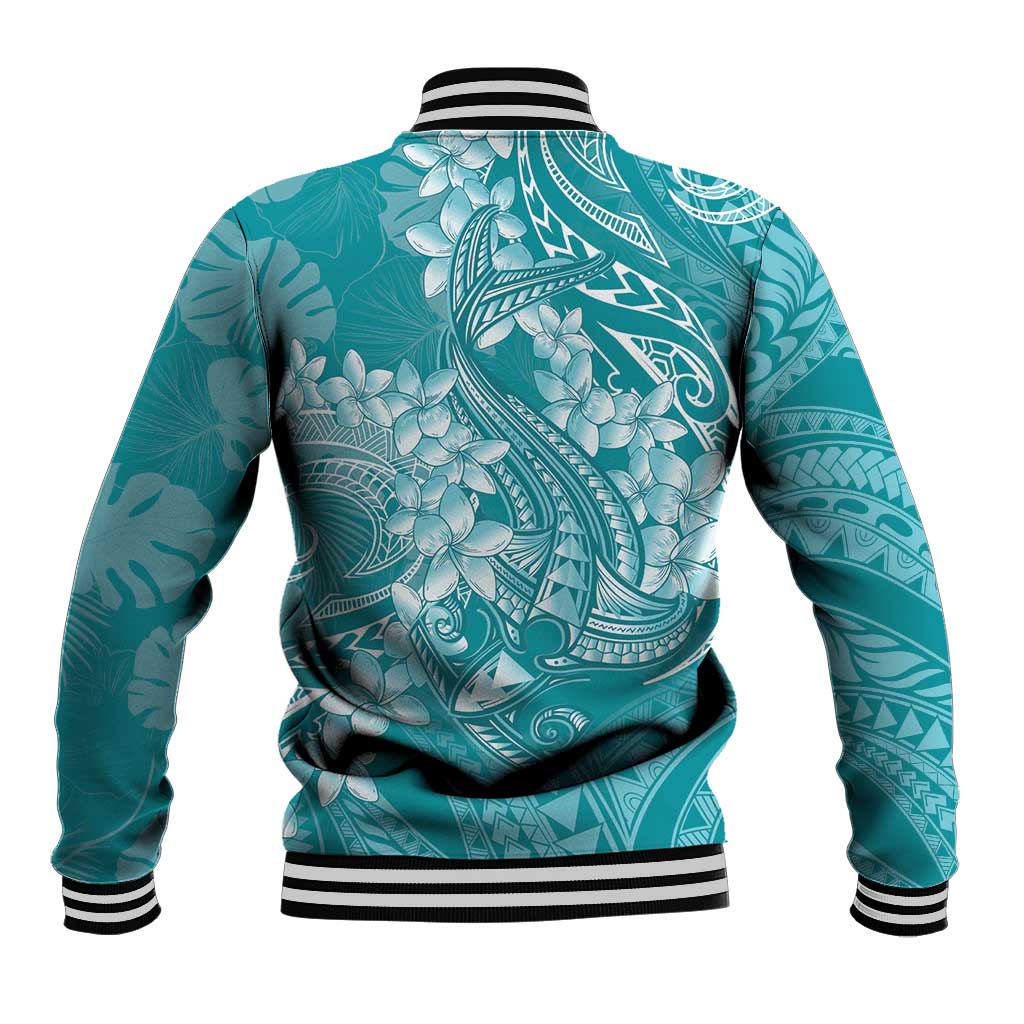 Teal Polynesia Hammerhead Shark Tattoo With Plumeria Lei Baseball Jacket LT14 - Polynesian Pride