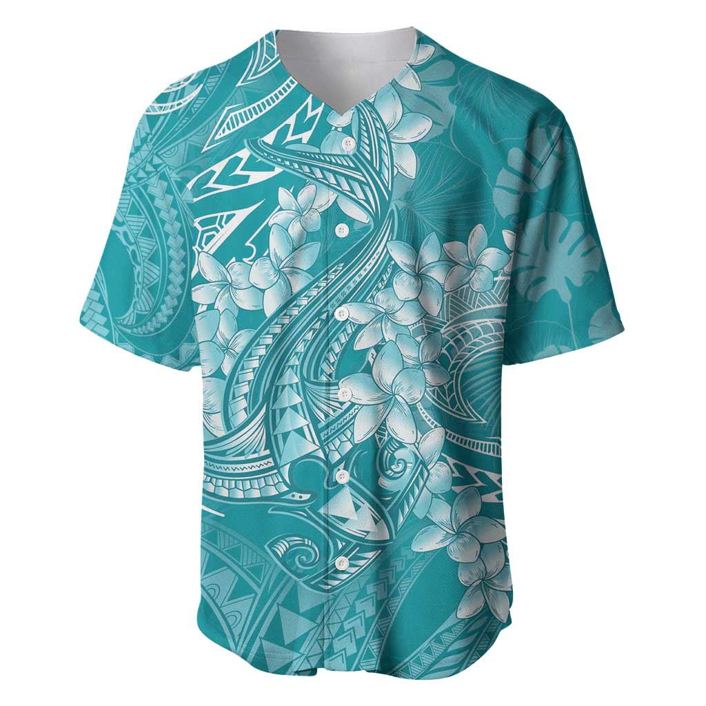 Teal Polynesia Hammerhead Shark Tattoo With Plumeria Lei Baseball Jersey