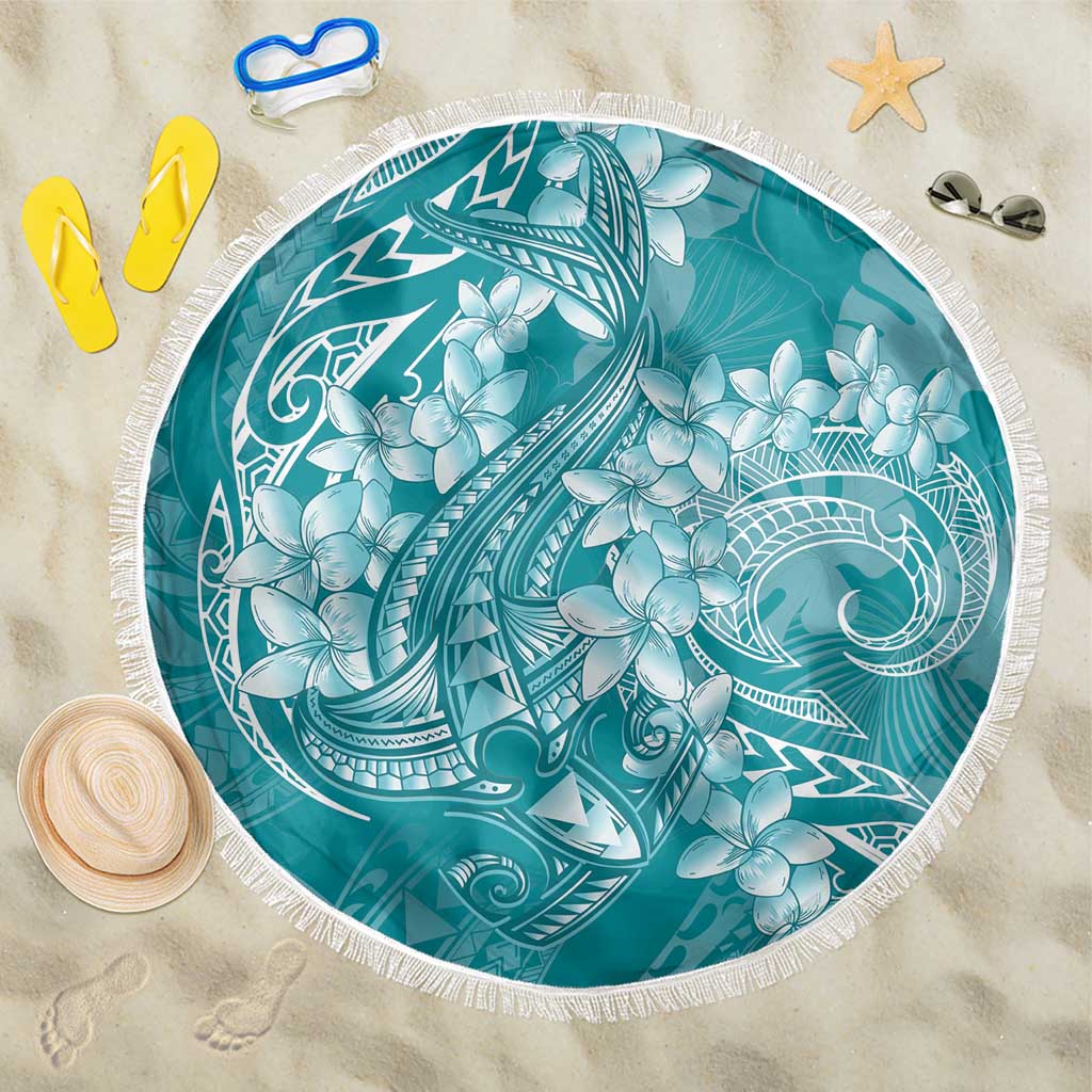 Teal Polynesia Hammerhead Shark Tattoo With Plumeria Lei Beach Blanket