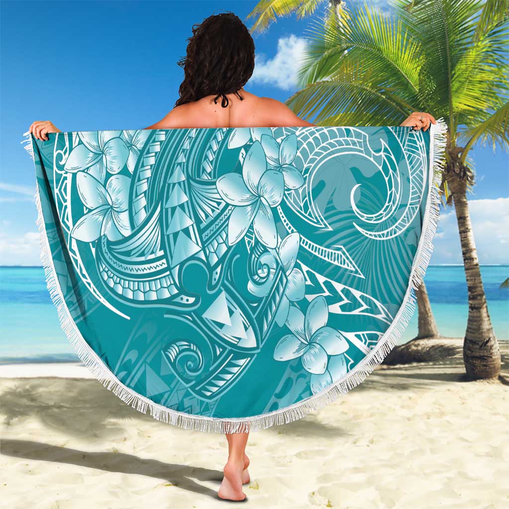 Teal Polynesia Hammerhead Shark Tattoo With Plumeria Lei Beach Blanket LT14 - Polynesian Pride