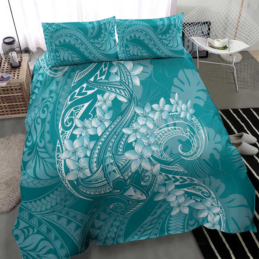 Teal Polynesia Hammerhead Shark Tattoo With Plumeria Lei Bedding Set