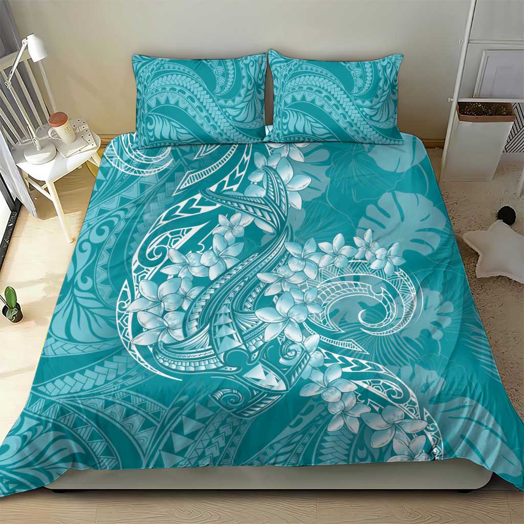 Teal Polynesia Hammerhead Shark Tattoo With Plumeria Lei Bedding Set