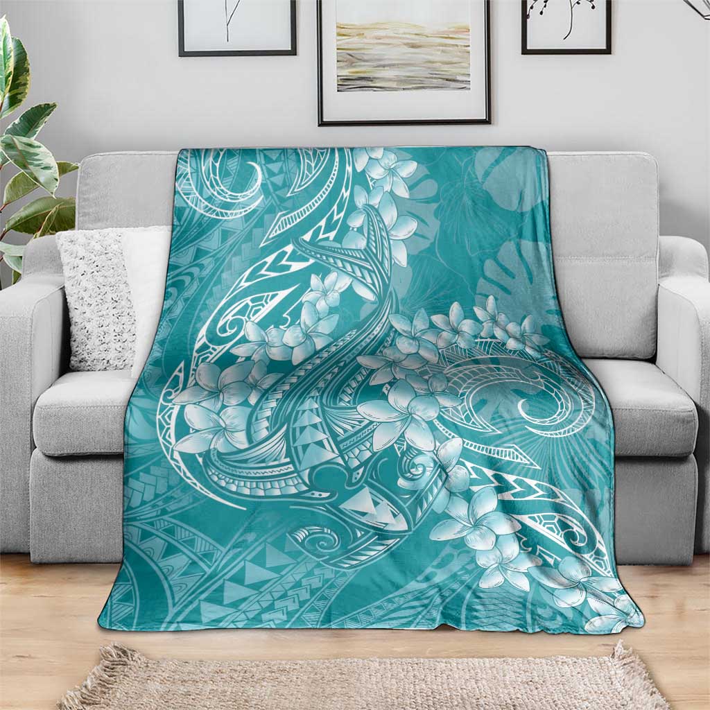 Teal Polynesia Hammerhead Shark Tattoo With Plumeria Lei Blanket LT14 - Polynesian Pride