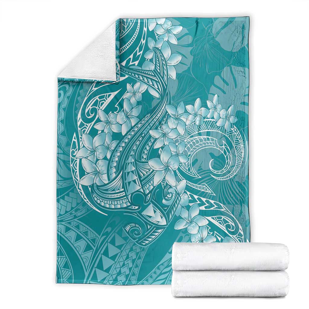 Teal Polynesia Hammerhead Shark Tattoo With Plumeria Lei Blanket LT14 - Polynesian Pride