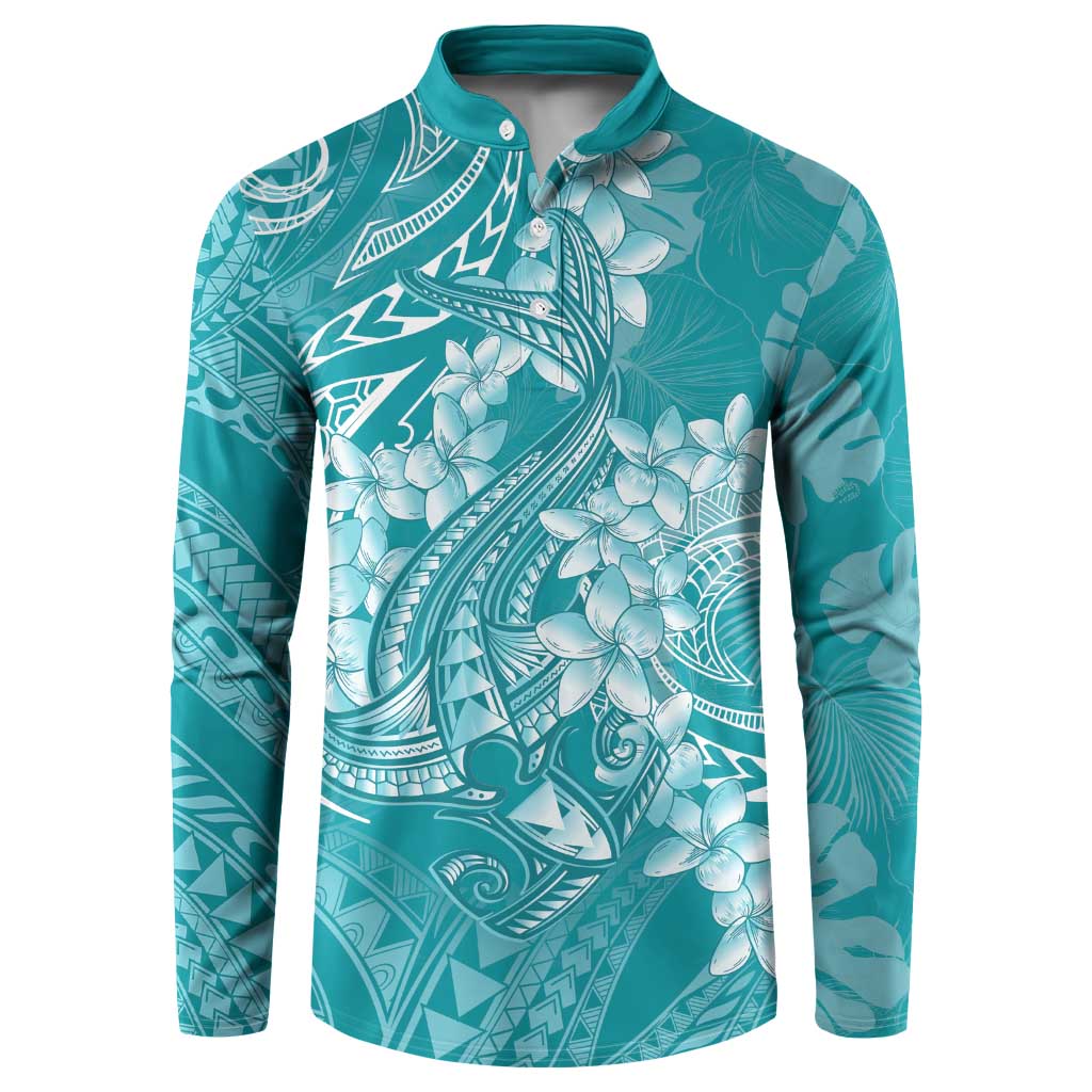 Teal Polynesia Hammerhead Shark Tattoo With Plumeria Lei Button Sweatshirt LT14 Teal - Polynesian Pride