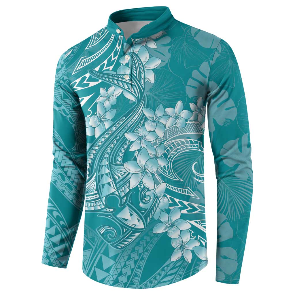 Teal Polynesia Hammerhead Shark Tattoo With Plumeria Lei Button Sweatshirt LT14 - Polynesian Pride