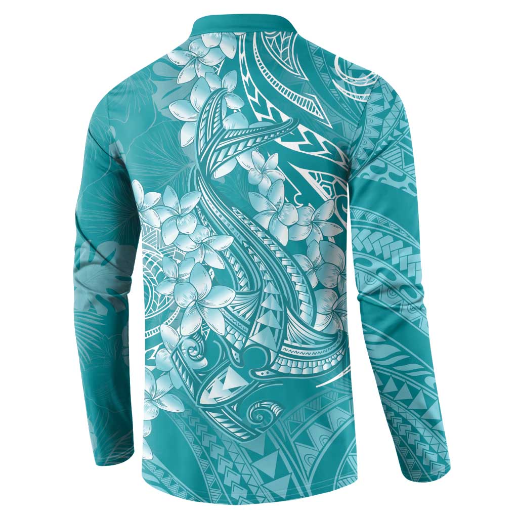Teal Polynesia Hammerhead Shark Tattoo With Plumeria Lei Button Sweatshirt LT14 - Polynesian Pride