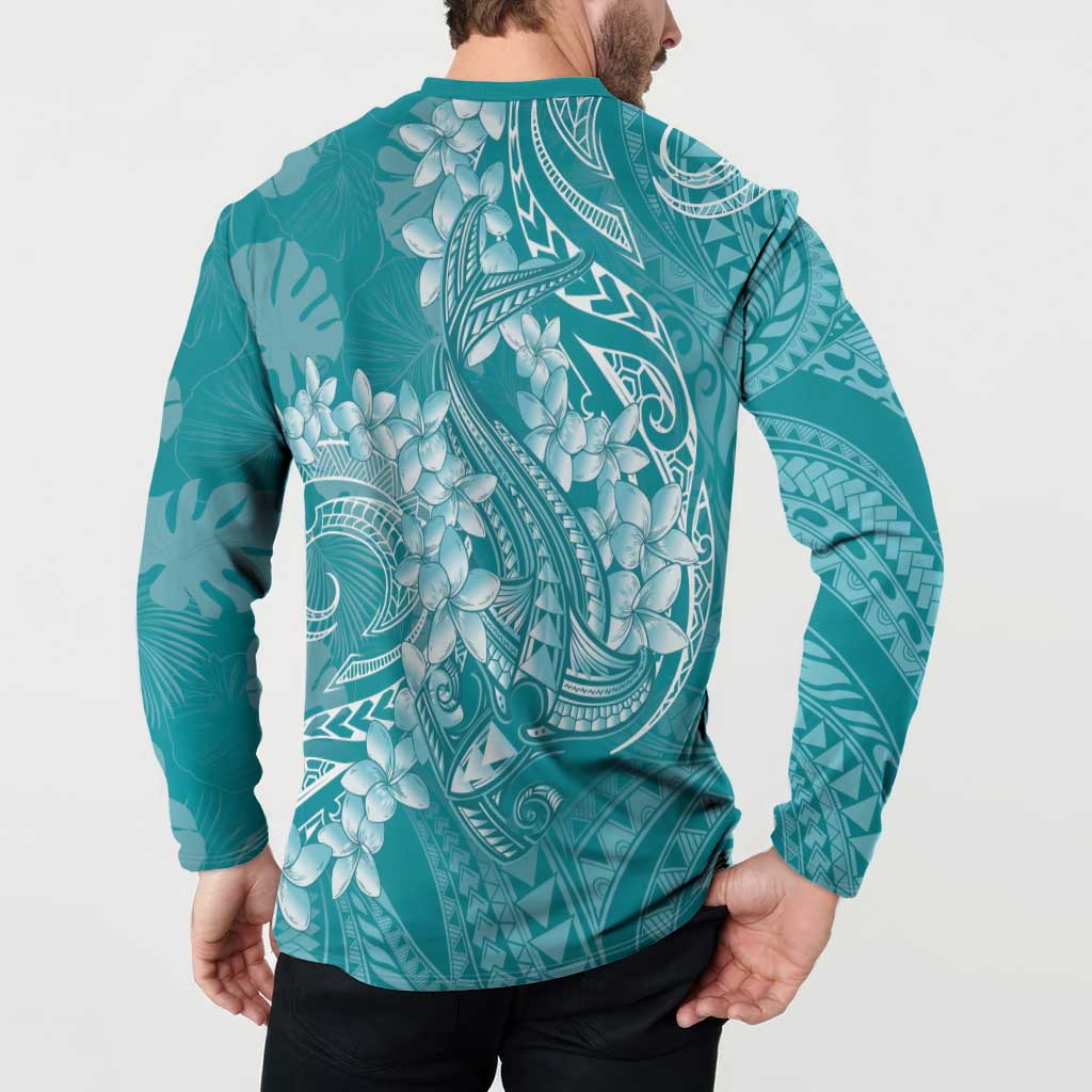 Teal Polynesia Hammerhead Shark Tattoo With Plumeria Lei Button Sweatshirt LT14 - Polynesian Pride
