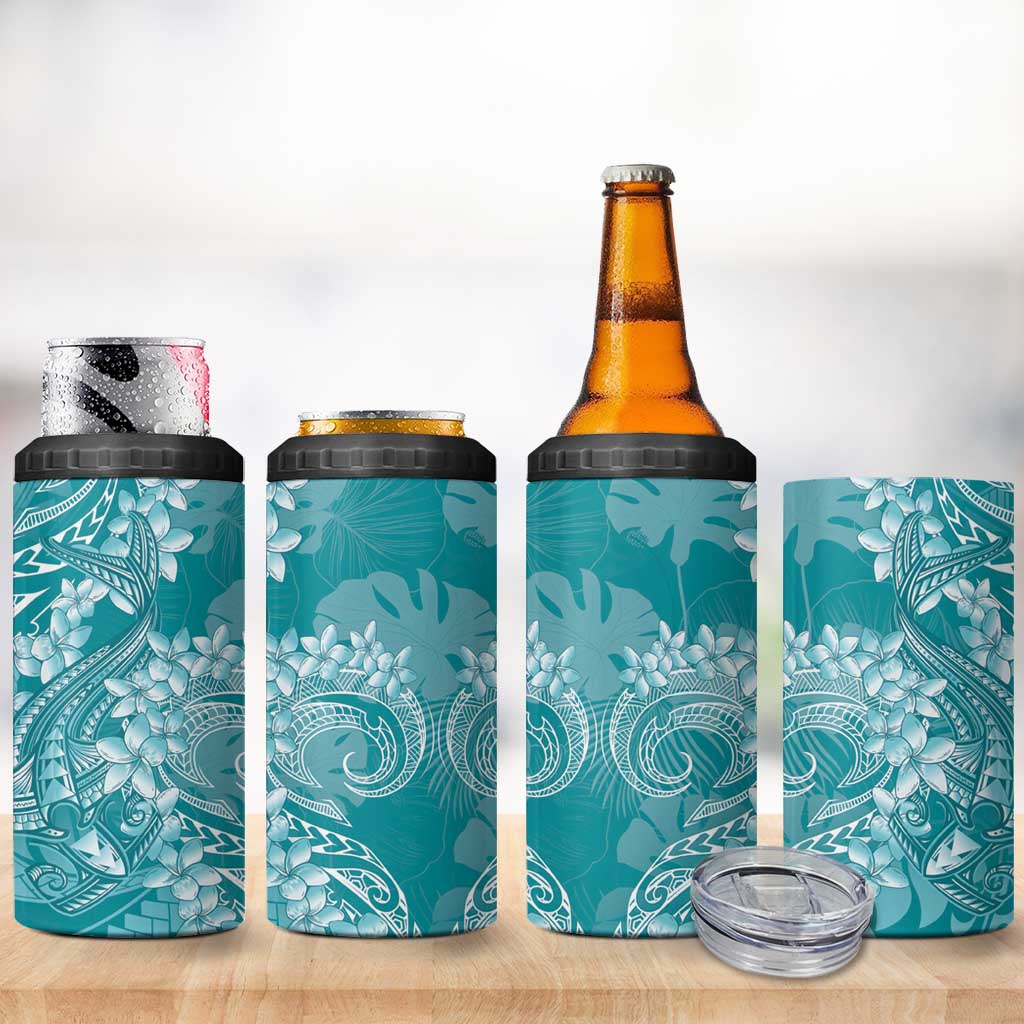 Teal Polynesia Hammerhead Shark Tattoo With Plumeria Lei 4 in 1 Can Cooler Tumbler LT14 - Polynesian Pride
