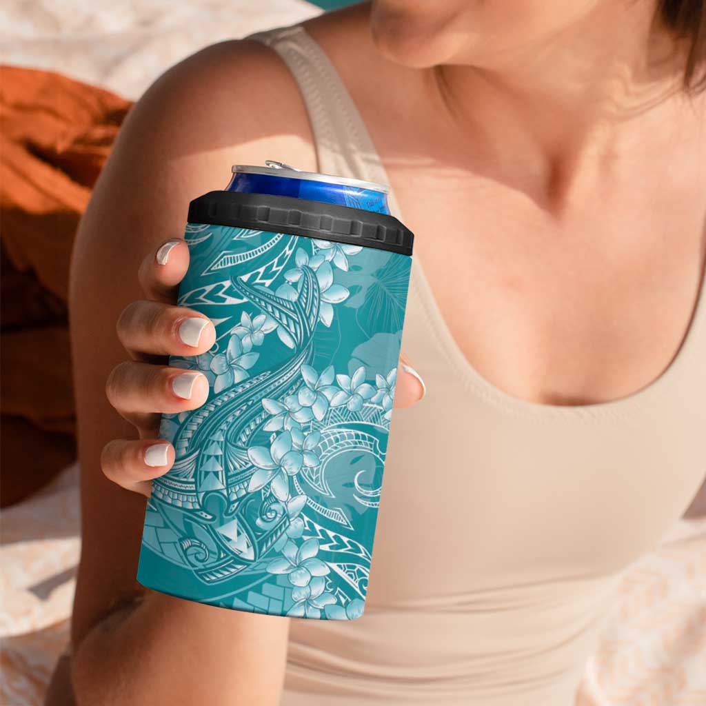 Teal Polynesia Hammerhead Shark Tattoo With Plumeria Lei 4 in 1 Can Cooler Tumbler LT14 - Polynesian Pride
