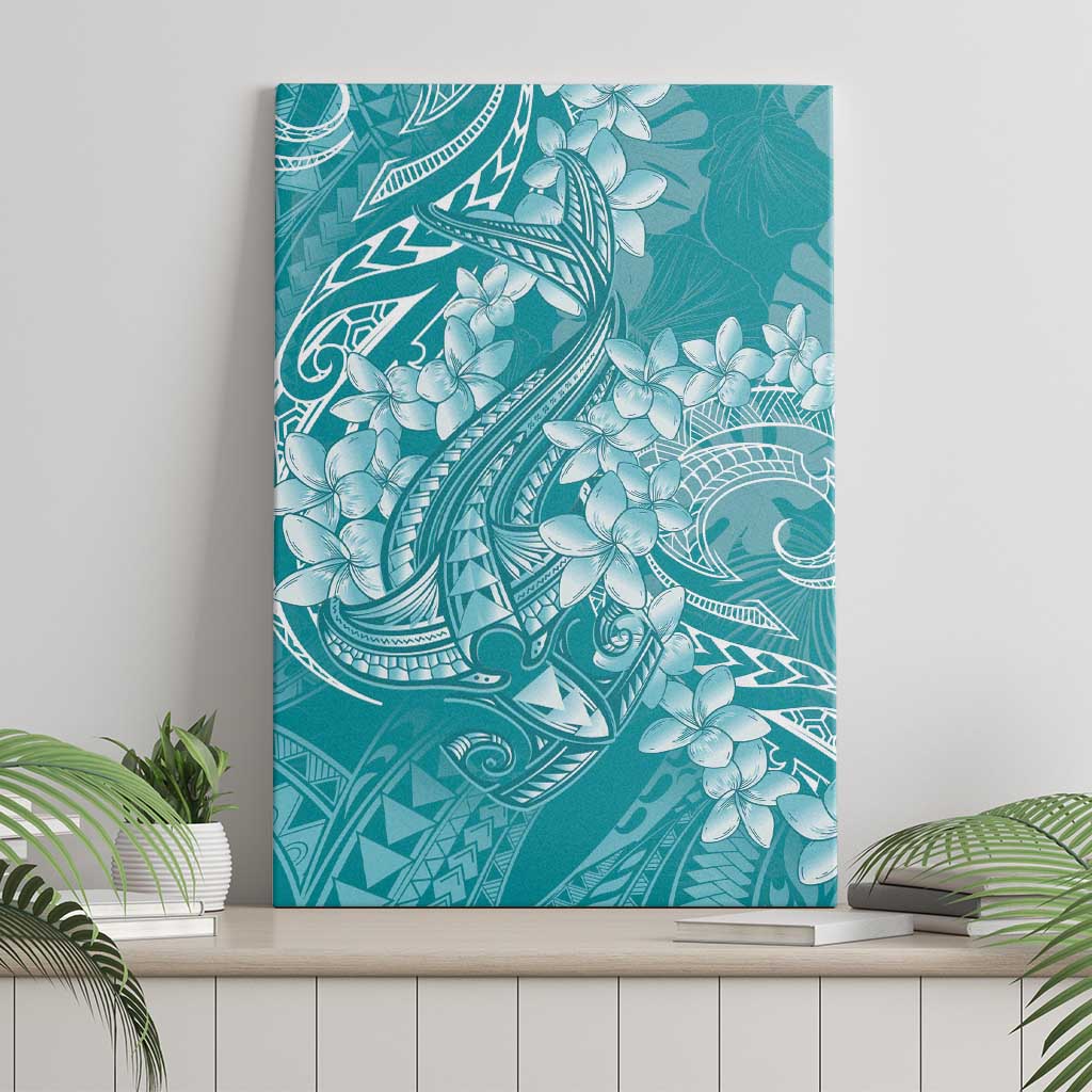 Teal Polynesia Hammerhead Shark Tattoo With Plumeria Lei Canvas Wall Art LT14 - Polynesian Pride