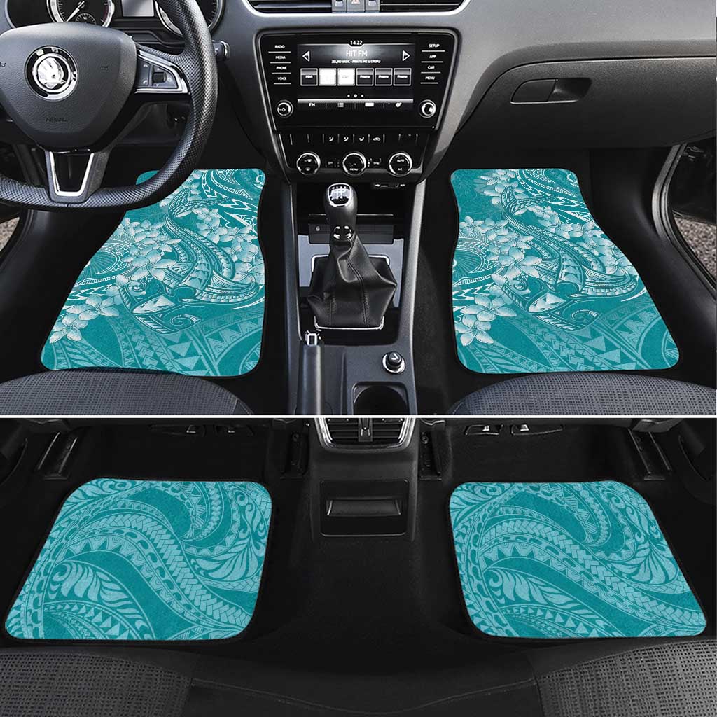 Teal Polynesia Hammerhead Shark Tattoo With Plumeria Lei Car Mats LT14 Set 4pcs Teal - Polynesian Pride
