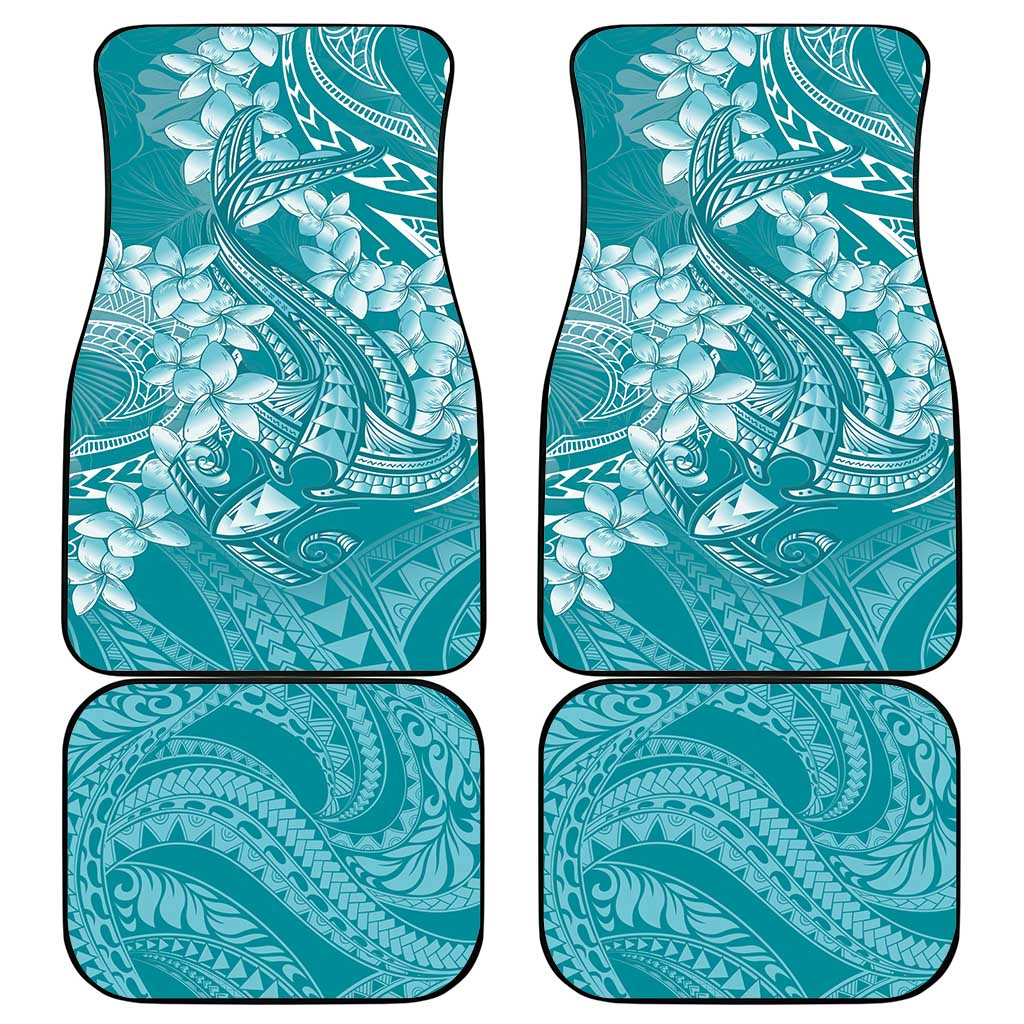Teal Polynesia Hammerhead Shark Tattoo With Plumeria Lei Car Mats LT14 - Polynesian Pride