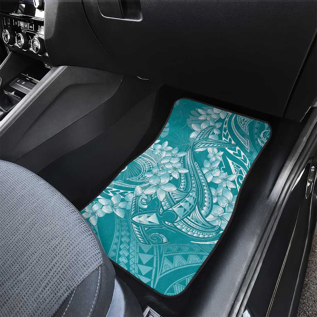 Teal Polynesia Hammerhead Shark Tattoo With Plumeria Lei Car Mats LT14 - Polynesian Pride