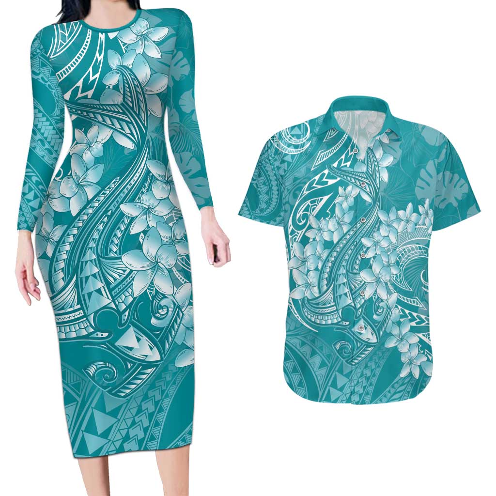 Teal Polynesia Hammerhead Shark Tattoo With Plumeria Lei Couples Matching Long Sleeve Bodycon Dress and Hawaiian Shirt LT14 Teal - Polynesian Pride