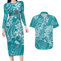 Teal Polynesia Hammerhead Shark Tattoo With Plumeria Lei Couples Matching Long Sleeve Bodycon Dress and Hawaiian Shirt LT14 Teal - Polynesian Pride