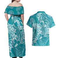 Teal Polynesia Hammerhead Shark Tattoo With Plumeria Lei Couples Matching Off Shoulder Maxi Dress and Hawaiian Shirt LT14 - Polynesian Pride