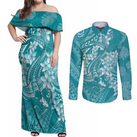 Teal Polynesia Hammerhead Shark Tattoo With Plumeria Lei Couples Matching Off Shoulder Maxi Dress and Long Sleeve Button Shirt LT14 Teal - Polynesian Pride