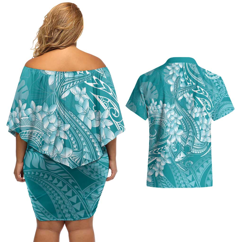 Teal Polynesia Hammerhead Shark Tattoo With Plumeria Lei Couples Matching Off Shoulder Short Dress and Hawaiian Shirt LT14 - Polynesian Pride